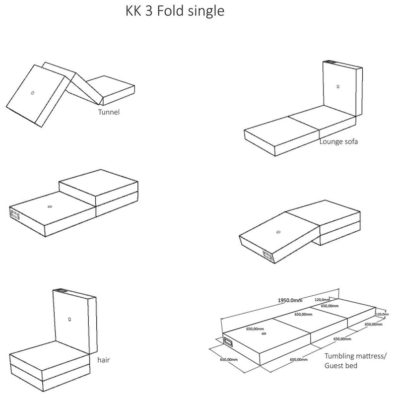 Matelas plié, célibataire, noir / vert clair (3 couches)