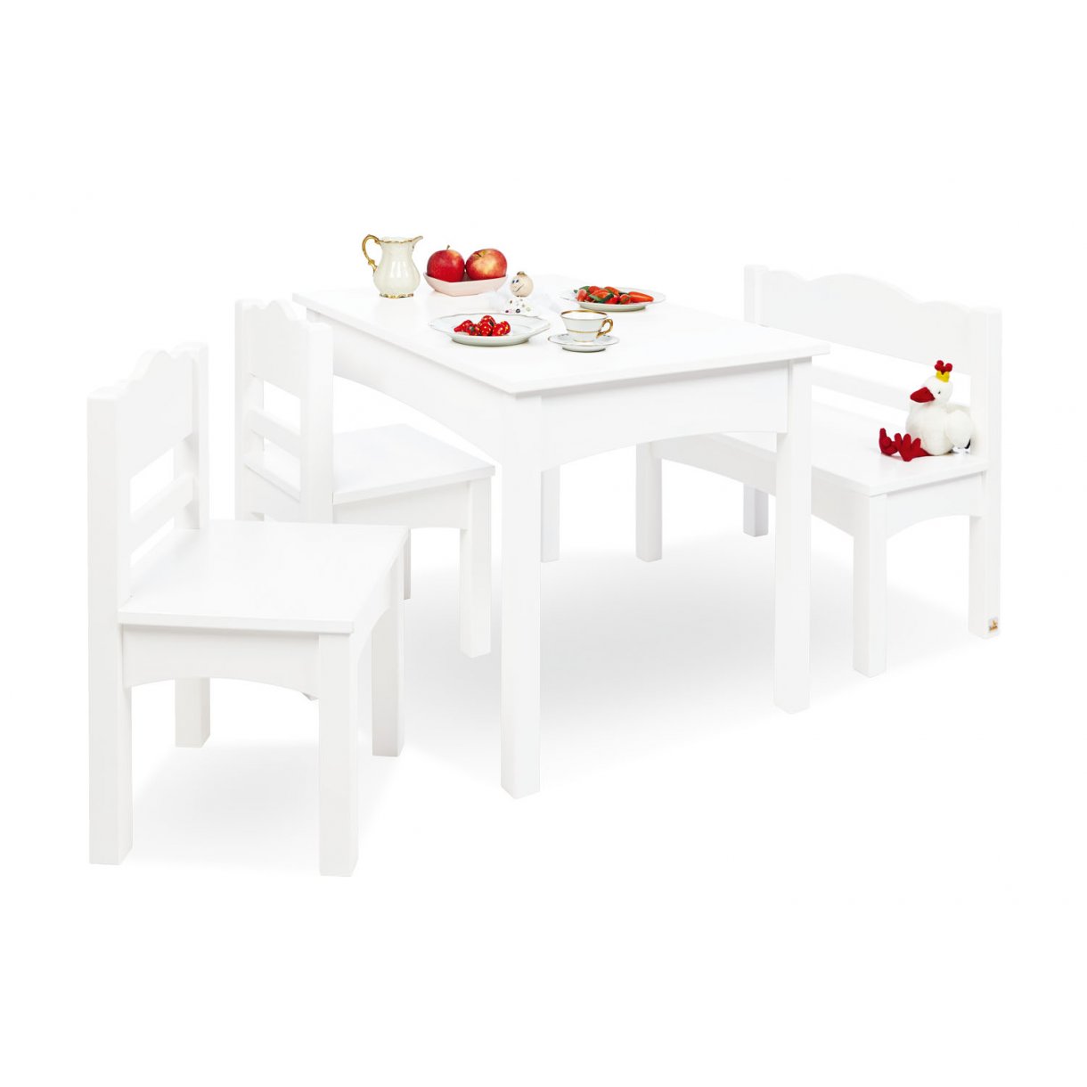 Table pour enfants, banc et chaise, Martha - bois de laquille blanc